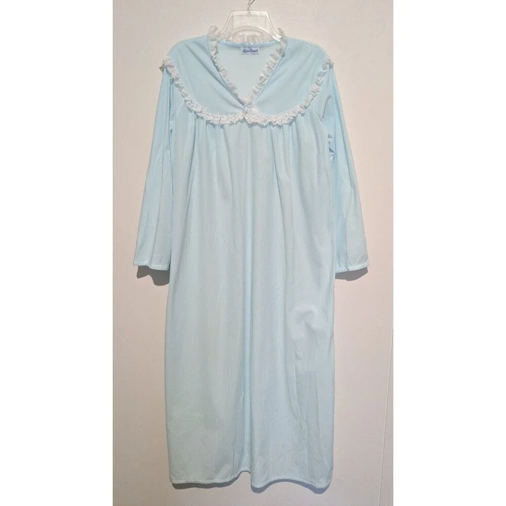 NOS Light Blue Nightgown Vintage 80s L High Neck Modest Lace Trim Full Length